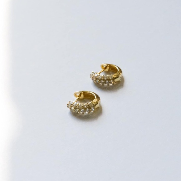 Triple Pavé Huggie Hoops | 18K Gold Vermeil | 14mm CZ - Picture 5 of 11